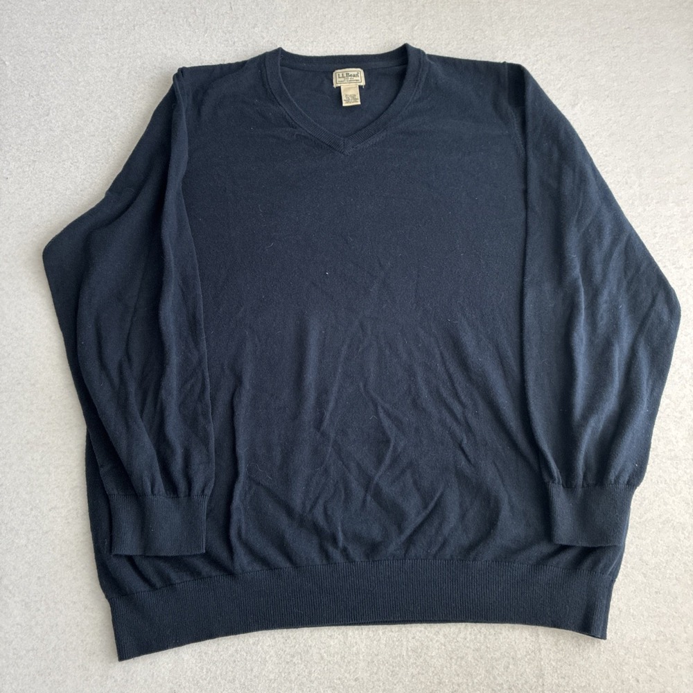 L.L. Bean Sweater Mens 2XLT Blue Cotton Cashmere V Neck Tight Knit Pullover